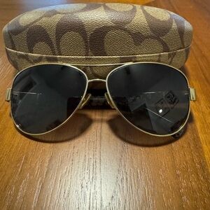 Coach Gold and Black Aviator Sunglasses with Signature Case